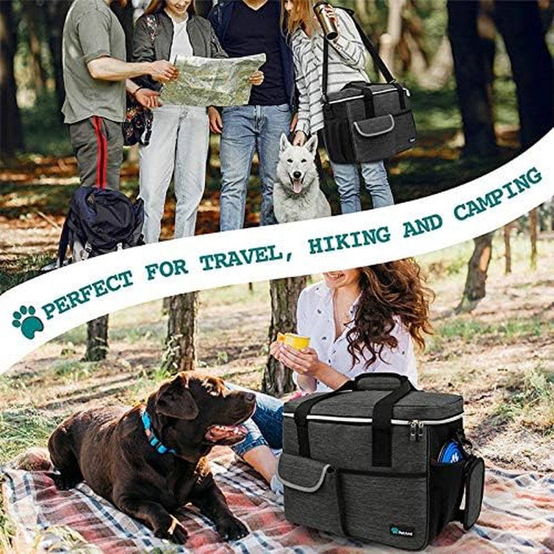 Pet Travel Organizer Bag with Food Containers and Collapsible Bowls, Medium Dark Gray, Ideal for Weekend Road Trips and Camping