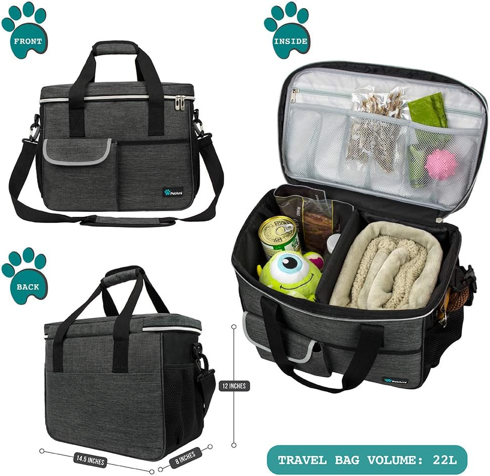 Pet Travel Organizer Bag with Food Containers and Collapsible Bowls, Medium Dark Gray, Ideal for Weekend Road Trips and Camping