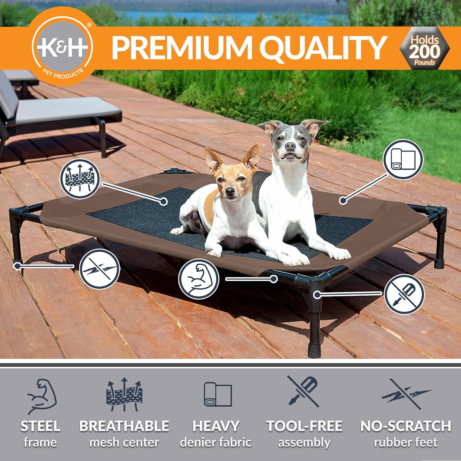 K&H Outdoor Elevated Dog Bed - Cooling Raised Bed for Medium & Large Pets, Breathable Mesh Hammock Design, Washable Cover, Portable Metal Frame, Chocolate, Large 42"x30