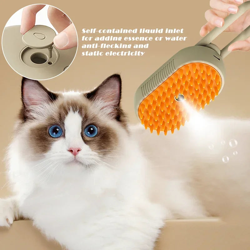3-in-1 Electric Cat and Dog Steam Brush with Anti-Splashing Feature, Steam Spray, and Massage for Effective Pet Grooming and Hair Removal