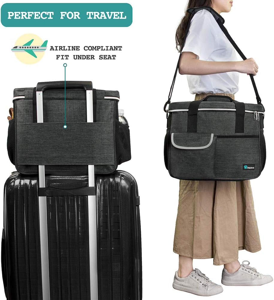 Pet Travel Organizer Bag with Food Containers and Collapsible Bowls, Medium Dark Gray, Ideal for Weekend Road Trips and Camping