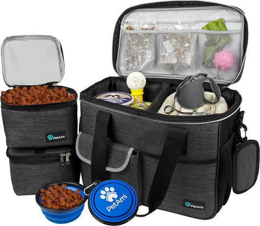 Pet Travel Organizer Bag with Food Containers and Collapsible Bowls, Medium Dark Gray, Ideal for Weekend Road Trips and Camping