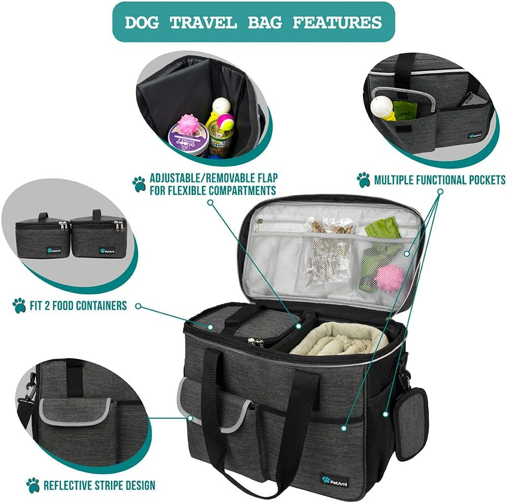 Pet Travel Organizer Bag with Food Containers and Collapsible Bowls, Medium Dark Gray, Ideal for Weekend Road Trips and Camping