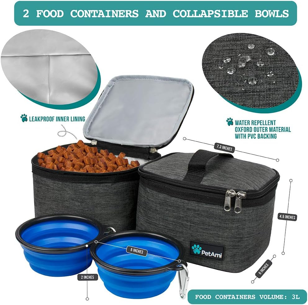 Pet Travel Organizer Bag with Food Containers and Collapsible Bowls, Medium Dark Gray, Ideal for Weekend Road Trips and Camping