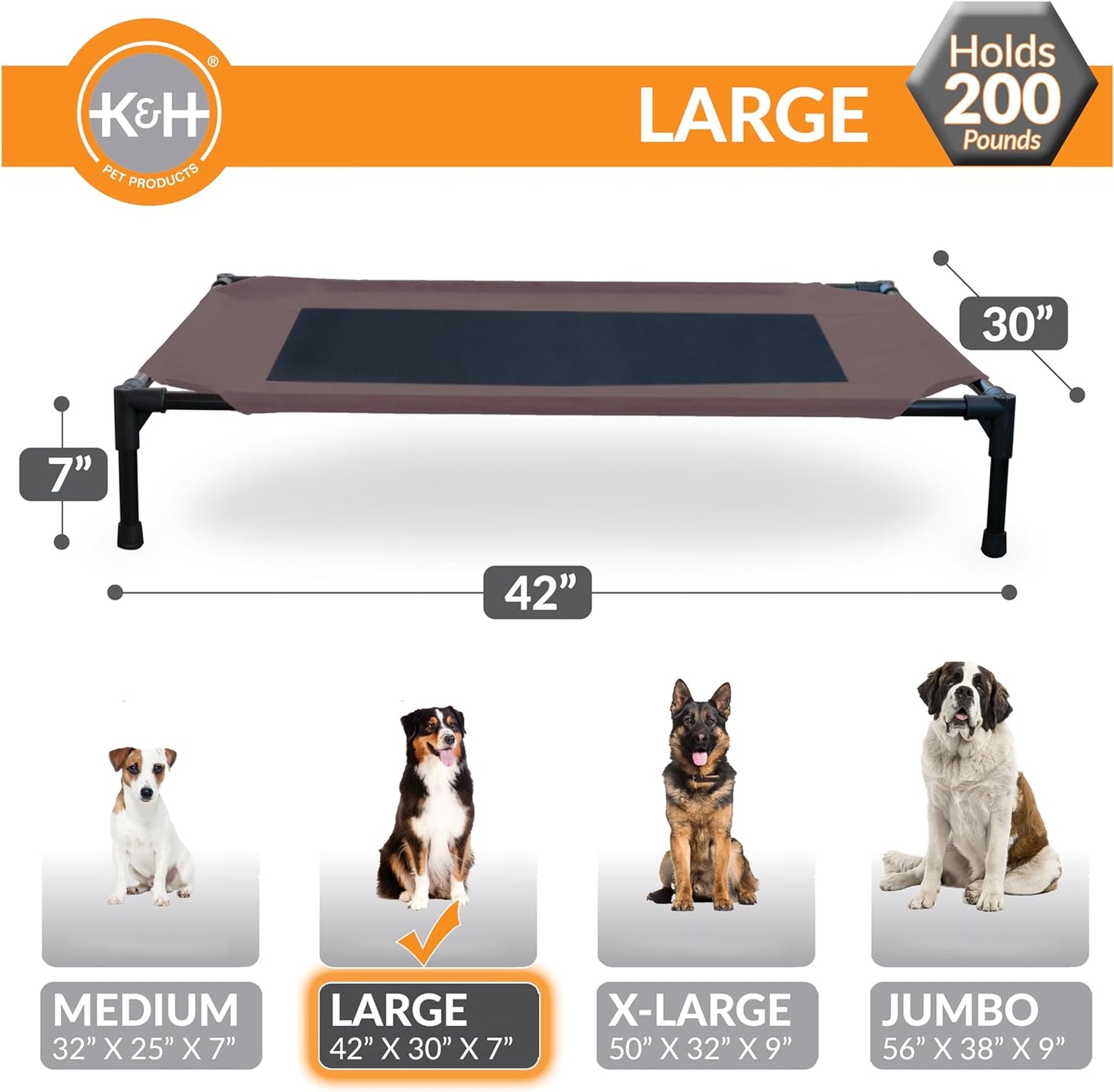 K&H Outdoor Elevated Dog Bed - Cooling Raised Bed for Medium & Large Pets, Breathable Mesh Hammock Design, Washable Cover, Portable Metal Frame, Chocolate, Large 42"x30