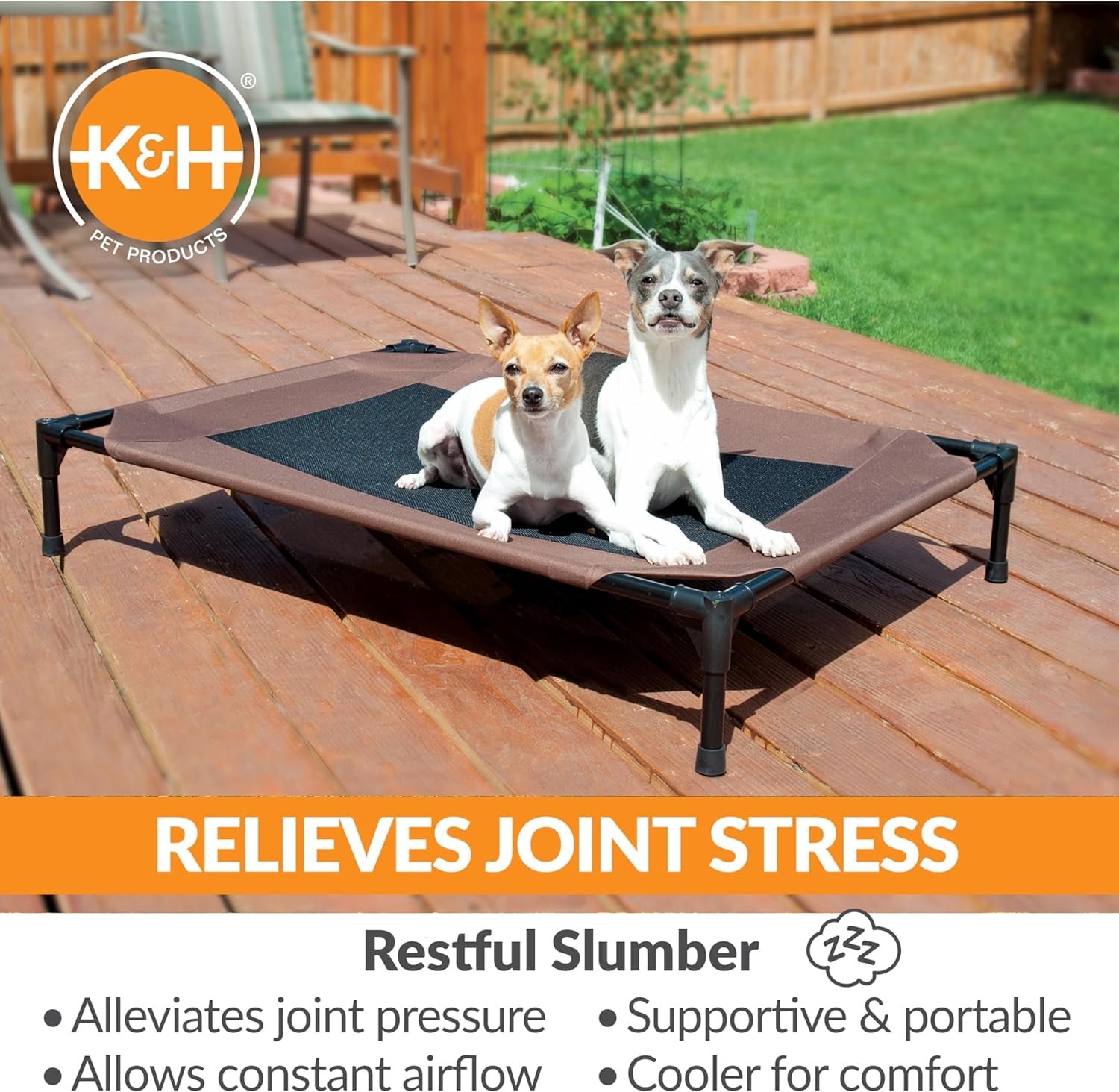 K&H Outdoor Elevated Dog Bed - Cooling Raised Bed for Medium & Large Pets, Breathable Mesh Hammock Design, Washable Cover, Portable Metal Frame, Chocolate, Large 42"x30